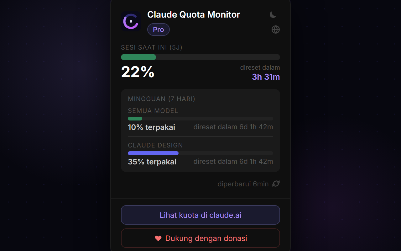 Claude Quota Monitor — Indonesian (dark)