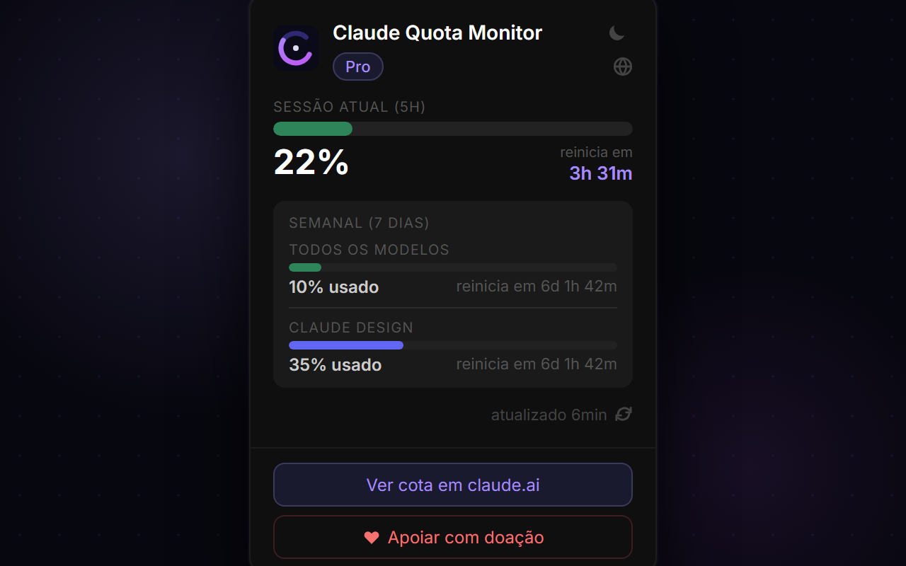 Claude Quota Monitor — Português (dark)